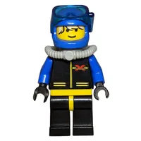 Diver, Man, Black, Yellow, and Blue Wetsuit with Extreme Team Logo, Blue Helmet with Mask, Airtank