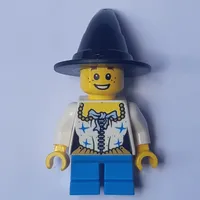 Girl, White Corset with Stars, Short Dark Azure Legs, Black Witch Hat