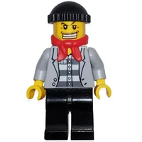 Criminal, Open Light Bluish Gray Jacket over Prison Shirt, Black Hat, Red Scarf, Gold Tooth