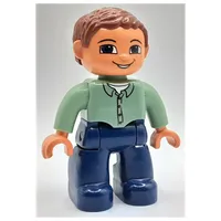 Duplo Figure with Parted Wavy Hair Reddish Brown, with Dark Blue Legs, Sand Green Top with 4 Buttons, and Blue Eyes
