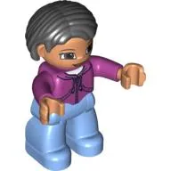 Duplo Figure Bob / Pageboy Hair Black, with Medium Blue Legs, Magenta Top, Brown Eyes