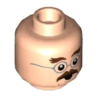 Minifig Head Professor Flitwick, Dark Brown Bushy Eyebrows, Moustache, Silver Round Glasses, Open Mouth / Shocked Print