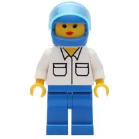 Woman, White Shirt with Pockets, Blue Legs, Blue Helmet with Visor