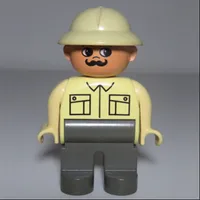 Duplo Figure, Early, Pith Helmet Tan, Dark Gray Legs, Collar and Patch Pockets, Moustache Print
