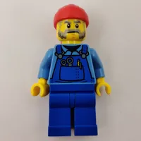 Man, Blue Overalls over Shirt, Red Bandana