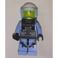 Policewoman, Black Vest with Badge and Pouches over Bright Light Blue Shirt, White Helmet with Visor, Neck Bracket