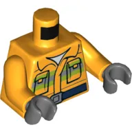 Torso Fire Jacket, Green/Dark Bluish Gray Stripes, Pockets, Dark Blue Belt, Buckle, White Shirt Print, Bright Light Orange Arms, Dark Bluish Gray Hands