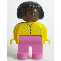 Duplo Figure, Early, Hair Bob Black, Dark Pink Legs, Buttons and Medium Green Flowers Print