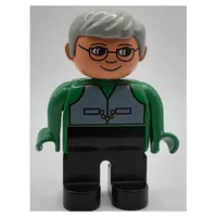 Duplo Figure, Early, with Short Parted Hair Light Gray, Black Legs, Gray Vest, Nose, Glasses Print