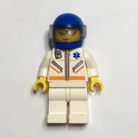 Paramedic, White Jacket with Zipper, Radio and Star of Life, Blue Helmet with Visor, Silver Sunglasses