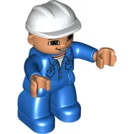 Duplo Figure with Construction Helmet White, and Blue Long Sleeve Jacket, and Legs, Brown Eyes and Open Mouth Smile