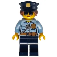 Policewoman, Bright Light Blue Shirt with Radio and Badge, Dark Blue Legs, Police Hat with Badge, Sunglasses