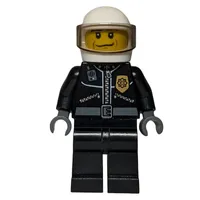 Policeman, Black Jacket with Zipper, Radio, and Badge, White Helmet and Visor