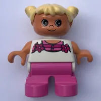 Duplo Figure, Early Child, with Pigtails Light Yellow, Dark Pink Legs, Pink Stripes and Flowers Print