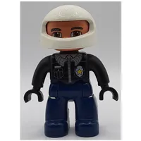 Duplo Figure with Helmet White, with Dark Blue Legs, Black Top with Police Badge, Black Arms and Hands