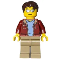 Man, Open Dark Red Jacket, Dark Tan Legs, Dark Brown Hair, Silver Sunglasses