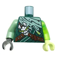 Torso, Odd Arms and Hands, Ninjga Robes Sand Green Cloak, Reddish Brown Straps, Silver Skull print, Left Trans-Bright Green Arm, Yellowish Gren Hand, Right Sand Green Arm and Black Hand