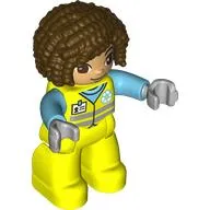 Duplo Figure with Curly Hair Dark Brown, Vibrant Yellow Safety Suit with ID Badge and Recycling Symbol Print