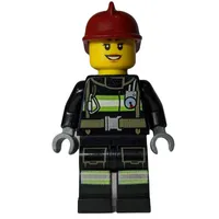 Firewoman, Black Fire Suit with Gauge and Straps, Dark Red Helmet