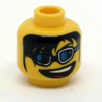 Minifig Head, Blue Glasses, Long Black Bangs and Open Mouth Print [Blocked Open Stud]