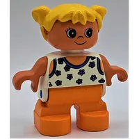 Duplo Figure, Early Child, with Pigtails Yellow, Orange Legs, Blue Flowers Print