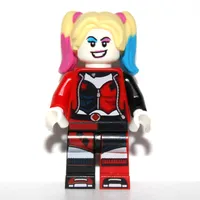 Harley Quinn in Black and Red Jester Outfit, Bright Light Yellow Hair with Magenta and Azure Highlights
