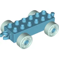 Duplo Car Base 2 x 6 with Fake Bolts, Open Hitch End and Light Aqua Wheels