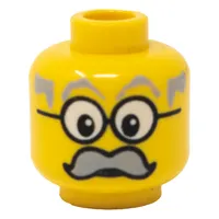 Minifig Head Infomaniac, Moustache Large Gray, Gray Eyebrows, and Large Glasses Print [Blocked Open Stud]