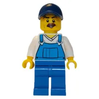 Man, Blue Overalls over White V-Neck Shirt, Dark Blue Cap, Moustache