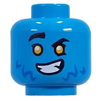 Minifig Head Logan, Blue Fur, Yellow eyes, Raised Eyebrows, Lopsided Grin/Red Eyes, Angry Grin