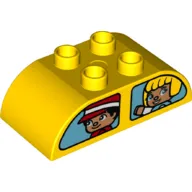 Duplo Brick 2 x 4 Curved Top with Boy and Blond Haired Girl / Red Haired Girl and Rabbit in Windows Print