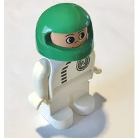 Duplo Figure, Early, Helmet Green, White Legs, Black Zipper and Racer #2 Print