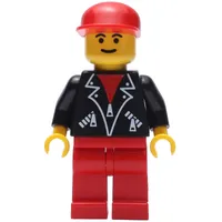 Man, Open Black Jacket over Red Shirt, Red Legs, Red Cap