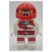 Duplo Figure, Early, Helmet Red, White Legs, Racing Suit with Red Lightning Print