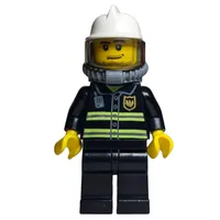 Fireman, Black Fire Jacket with Reflective Stripes, Radio, and Badge, White Helmet, Breathing Apparatus, Airtanks, Stubble