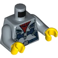 Torso Jacket over Dark Red Sweater, Dark Blue Straps Print, Sand Blue Arms, Yellow Hands