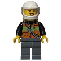 Firewoman, Orange Safety Vest with Radio, White Helmet with Visor, Airtanks