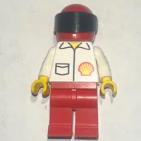 Racer, White Shirt with Shell Logo, Red Legs, Red Helmet with Visor
