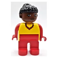 Duplo Figure, Early, Curly Hair with Bun Black, Red Legs, Red Necklace Print