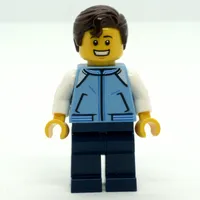 Man, Medium Blue Jacket, Dark Blue Legs, Dark Brown Hair