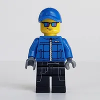 Policeman, Blue Jacket with Zipper, Blue Cap, Blue and Purple Sunglasses