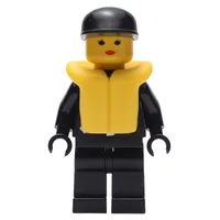 Policewoman, Black Jacket with Zipper and Badge, Black Cap, Yellow Life Vest