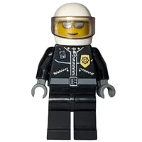 Policeman, Black Jacket with Radio and Badge, White Helmet with Visor, Sunglasses