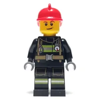 Fireman, Black Fire Suit with Gauge and Straps, Red Helmet