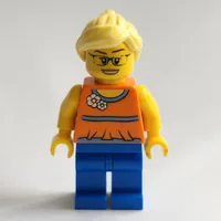 Woman, Orange Halter Top with Flowers, Blue Legs, Bright Light Yellow Hair, Glasses