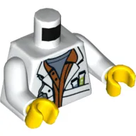 Torso Lab Coat with Sand Blue Undershirt and Test Tubes and Radio in Pockets Print, White Arms, Yellow Hands