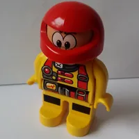Duplo Figure, Early, Helmet Red, Yellow Legs, Jumpsuit, Red Utility Harness Print