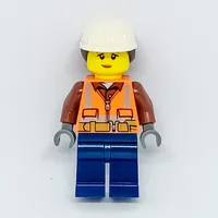 Construction Worker, Woman, Orange Safety Vest with Zipper and Pockets, White Hard Hat with Hair