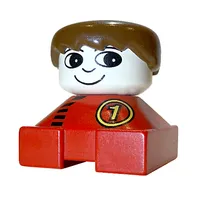 Duplo 2 x 2 x 2 Figure Brick, Spiky Bangs, Brown Hair, White Head, Yellow '1' in Circle, Black Zipper Print