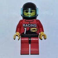 Racer, Red Jacket with 'RACING' and '1', Black Helmet with Visor, Sunglasses